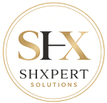 a logo for shxpert solutions is centered on a tran